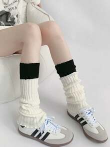 1 双极简拼色针织腿套，百搭学院风性感针织袜，女士小腿袜和腿套秋季配饰 - 彩色 - 查看 2