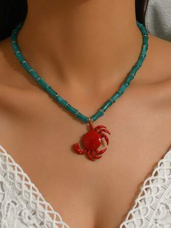 1 件优雅时尚的女士波西米亚风格珠宝项链，带有各种海洋元素 - 金海星、彩色人造贝壳、贝壳、金鱼吊坠、海马、红龙虾、美人鱼、螃蟹、竹珠、仿玉珠、各种种子珠、石珠、水钻海星