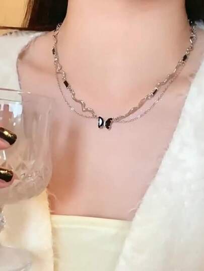 1 pieza Babes oscuros ~ Collar de mariposa negra de doble capa con diseño de viento para mujer, cadena de clavícula de diseño exclusivo de alta gama para mujer