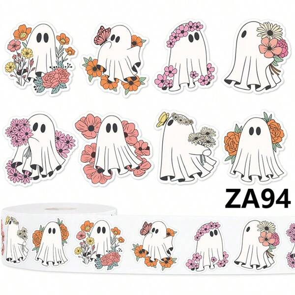 500 piezas Pegatinas de fantasma floral de Halloween - Adecuado para decorar fiestas, tazas, cajas de regalo, bolsas de aperitivos, bolsas de hornear, bolsas de pan, bolsas de dulces, sobres, etc. Tema lindo autoadhesivo para mejorar la atmósfera de la fiesta, regalo perfecto de Halloween