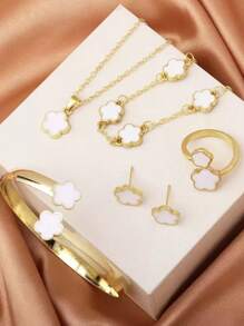 6pcs/Set Women Matching Lucky Flower Decorated Jewelry Set, 1 Pair Earrings, 1 Necklace, 1 Bracelet, 1 Bangle, 1 Ring, Suitable For Daily Wear