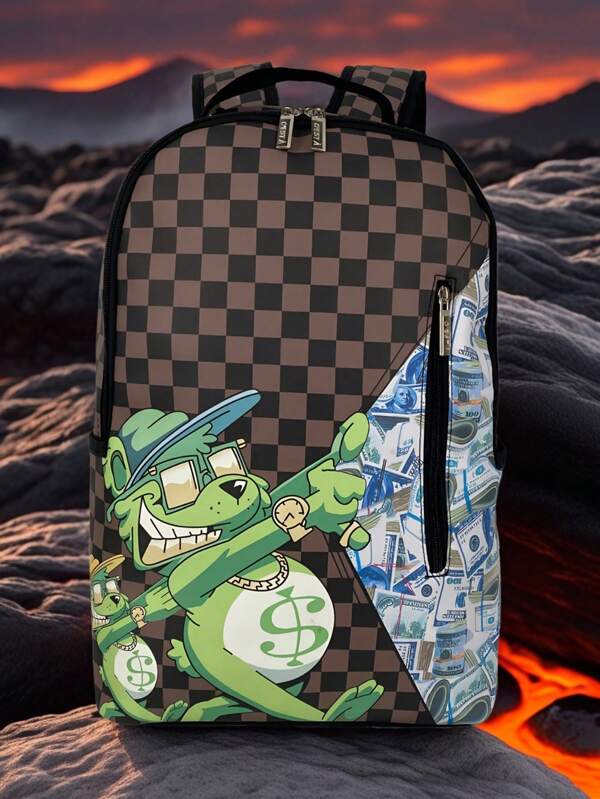 Nueva mochila de hombre de moda con estampado de billete de banco de lobo, estampado a cuadros, gran capacidad, mochila de viaje con compartimento para portátil, adecuada para vacaciones de otoño/invierno, viajes, camping, regalo de vacaciones y San Valentín