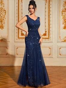 MIUSOL Đầm dạ hội dài ôm sát cổ trái tim đính sequin ren lưới viền đuôi cá sang trọng trang trọng dự tiệc cưới, dự tiệc tốt nghiệp, tiệc tối - Màu xanh hải quân - Xem 7
