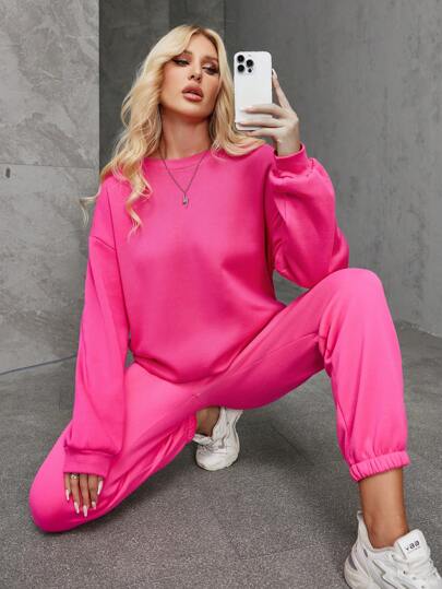 Macacão esportivo feminino de pelúcia, 2 peças, solto, casual, gola redonda, calça de moletom de pelúcia para corrida, outono e inverno, esportes e atividades ao ar livre/roupas esportivas femininas/macacão esportivo feminino