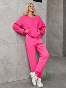 秋冬毛绒女式两件套运动慢跑套装宽松休闲圆领运动衫慢跑毛绒运动裤, 运动户外/女士运动服/女士运动套装 - 玫紅色 - 查看 4