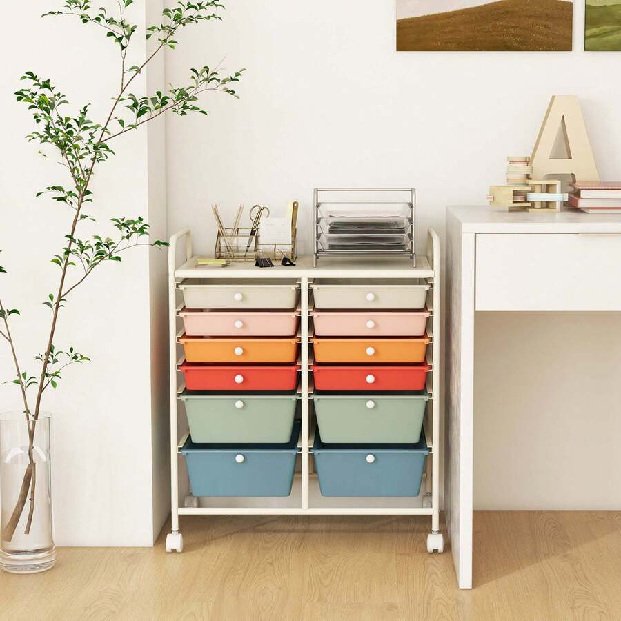 12 Drawers Rolling Cart Storage Mutlicolor Scrapbook Paper Studio Organizer Bins - 馬卡龍色 - 查看 1