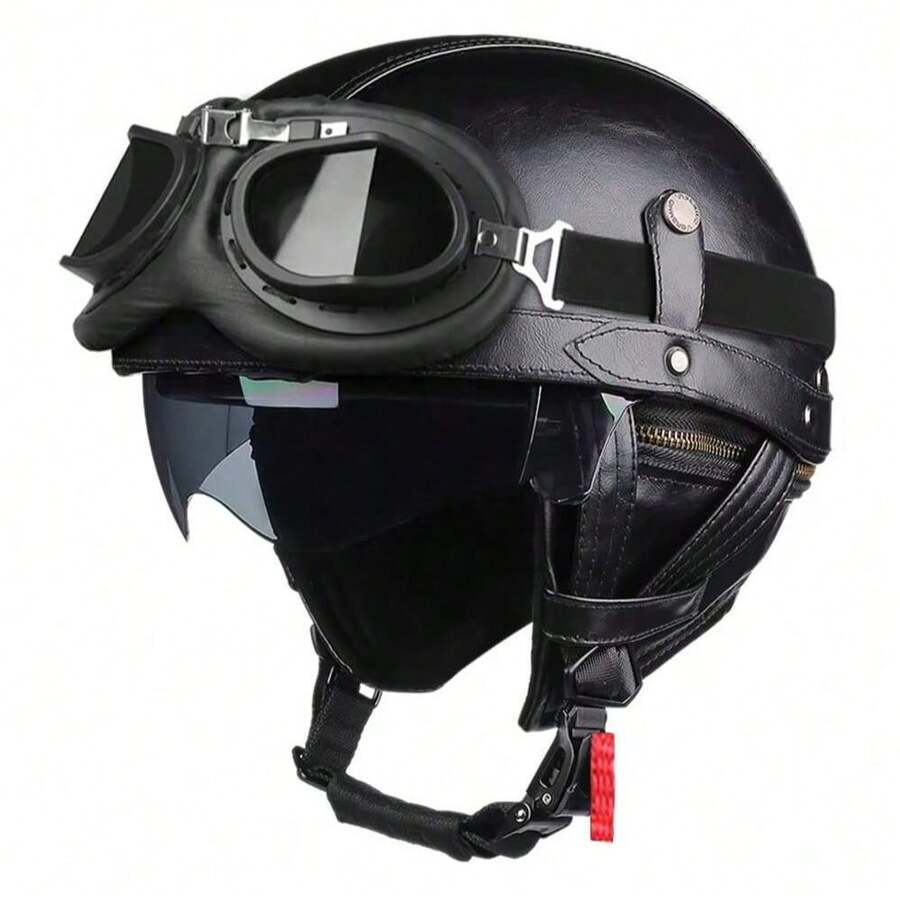 复古摩托车头盔，黑色摩托车头盔，PU皮革摩托车头盔，德式半盔，复古摩托车头盔，骑行护具，摩托车配件，自行车头盔，赛车护具，摩托车装备，骑士礼品 - 彩色 - 查看 1