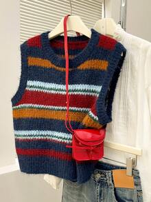 Alicedudu Women's Colorful Striped Design Crew Neck Pullover Vest, Autumn/Winter