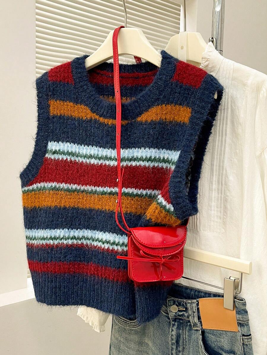 Alicedudu Women's Colorful Striped Design Crew Neck Pullover Vest, Autumn/Winter