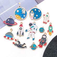 12pcs Space Theme Charm Assorted Gold Plated Enamel Mixed Astronaut Jupiter Rocket Planet Celestial Charm Pendant DIY For Necklace Bracelet Earring Jewelry Making