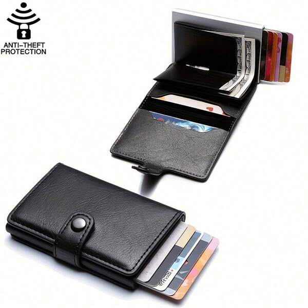 Cartera de metal con protección RFID para hombres, billetera minimalista y delgada con apertura rápida, monedero pequeño de fibra de carbono negro, regalo de aniversario/cumpleaños para el esposo