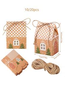 10/20pcs Christmas House Shaped Gift Boxes With String, Gingerbread House Paper Party Favors Boxes, Festive Holiday Gift Containers For Home Decor, Winter New Year Gifts, Christmas Tree Decor