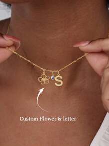 Customized Birthday Flower Letter Necklace, Stainless Steel Jewelry, Personalized Letter Birthday Flower/Birthday Stone Necklace, Women's Jewelry Necklace, Beach Vacation Gift, Wedding, Party Gift