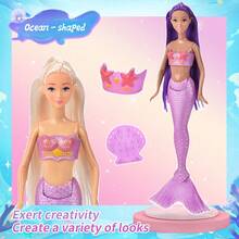这款美人鱼娃娃拥有色彩缤纷的梦幻发型和头饰，配有海星形紧身胸衣和柔软的粉色美人鱼尾巴，适合作为3-8岁女孩的生日礼物。