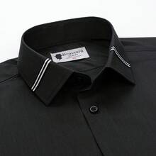 [Tedelon]56% Polyester 40% Cotton 4% Spandex ,Slim Fit Dress Shirt - White Formal/Casual Shirt With Contrast Collar & Cuff Details, Breathable Cotton Blend For Business, Daily Wear - 黑色 - 查看 1