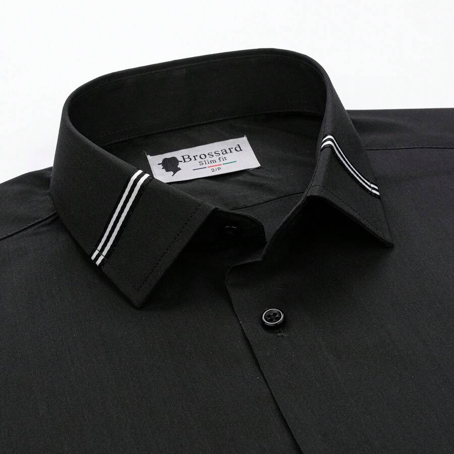 [Tedelon]56% Polyester 40% Cotton 4% Spandex ,Slim Fit Dress Shirt - White Formal/Casual Shirt With Contrast Collar & Cuff Details, Breathable Cotton Blend For Business, Daily Wear - 黑色 - 查看 1