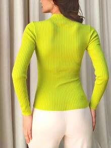 Top Tejido Punto Cuello Tortuga Beige Ajustado Cómodo Elegante Manga Larga Acanalado Básico Versátil Casual Chic Minimalista Otoño Invierno Moda Femenino Silueta Essential Wardrobe Trendy Clásico Formal Suave Camel - Verde Lima - Ver 2