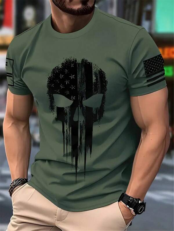 Herren lässiges Crew-Neck T-Shirt, Polyester Strickstoff mit leichter Dehnung, Regular Fit, mit 3D Totenkopf-Aufdruck, patriotische Schulterstreifen, für neuartige Grafik-T-Shirts