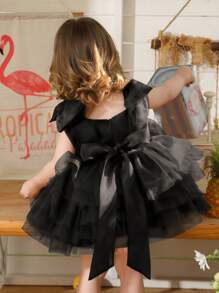 女婴黑色3D蝴蝶结薄纱无袖公主蛋糕裙，优雅万圣节圣诞节生日派对婚礼花童正式场合礼服，四季皆宜 - 黑色 - 查看 3