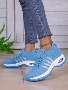 1 Pair Women's Thick-Sole Air Cushion Running Shoes - Fashion Low-Top Slip-On Sneakers, Breathable Fabric, Polyurethane Cushioned Sole, Printed Design, Comfortable Fit, Suitable For All Seasons, Women Casual Sports Shoes - Teal Blue - View 4