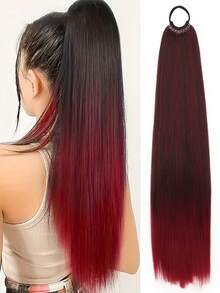 Peluca con coleta de 26"/34", peluca con coleta elástica multifuncional en negro y marrón, resistente al calor, cabello liso largo sintético suave y natural para mujer, adecuado para Navidad, Año Nuevo, Carnaval, festivales de música y otras ocasiones - Multicolor - Ver 15