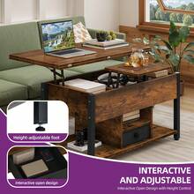 BALCONERA Rustic Brown Multi-Functional Lift-Top Coffee Table – Converts To Dining Table With Drawers & Hidden Storage, 90x47.8x47.5-61.7cm For Living Room - Coffee Brown - View 5