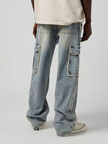 Men's Washed Vintage Pocket Cargo Straight Loose Fit Distressed Jeans
