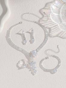 5pcs Luxury Crystal Geometric Necklace, Earrings, Bracelet, Ring Jewelry Set, Elegant Fashion Accessories Suitable For Women's Daily Commute, Campus Dating, Wedding Party, Valentine's Day Holiday