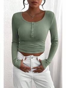 Women's 2026 Fall Long Sleeve Henley T Shirts Button Ribbed Knit Slim Fit Basic Tops Blouse Casual Outfits/Vacation Outfits Women/Valentine Outfits For Women - Cây xô thơm xanh - Xem 4