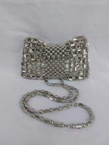 Metallic Glitter Beaded Mesh Mini Party Bag With Satin Pouch - Silver - View 1