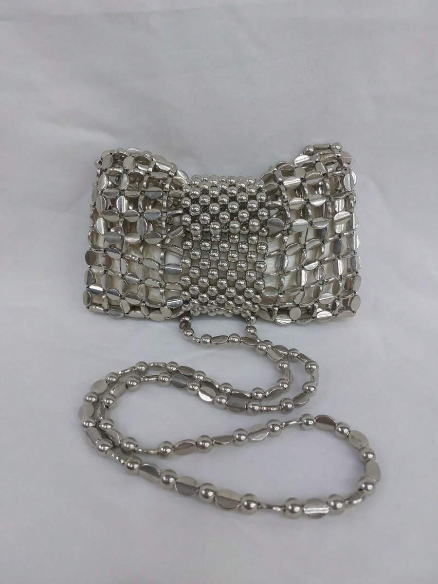 Metallic Glitter Beaded Mesh Mini Party Bag With Satin Pouch - Silver - View 1