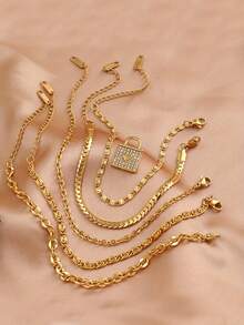 5/6件套复古18K镀金不锈钢手镯，配水晶吊坠，时尚几何设计，适合女性日常及派对场合佩戴，可个性化DIY，情人节礼物，四季皆宜 - 金色 - 查看 11