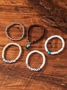 5 件套波西米亚西部牛仔帽吊坠手链，复古弹力手链，个性多层串珠手链（手工制作，珠子随机） - 款式3 - 查看 3