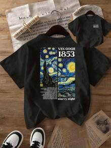 Blusa de verano informal con camiseta tributo a la pintura "La noche estrellada" de Van Gogh y estampado de números 1853, blusa de primavera y verano cómoda, de cuello redondo y mangas cortas, camiseta gráfica para mujeres