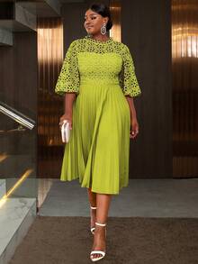 Lace Pleated Dresses Half Lantern Sleeves Hollow Out Elegant Midi Wedding Guest,Graduation Outfit - Green - View 6