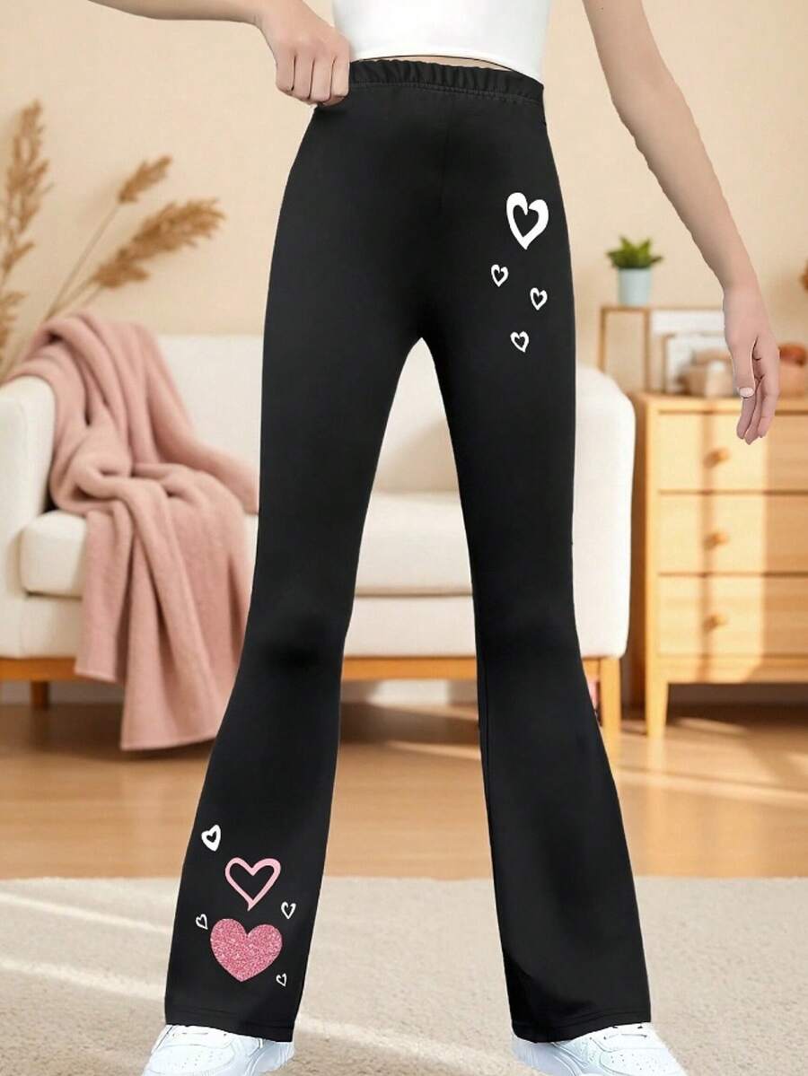 女童秋冬创意印花弹力喇叭裤，儿童心形印花长裤，优雅可爱的喇叭裤，适合幼儿和小女孩 - 黑色 - 查看 1