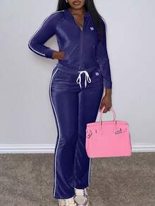LovelyWholesale Women's Casual Stand Collar Long Sleeve Side Pocket Zipper Top And Drawstring Side Stripe Pants 2 Pieces Set Fall Clothes For Women - Navy Blue - View 1
