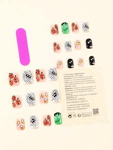 24 件万圣节指甲短方形南瓜绷带木乃伊印花装饰全覆盖按压可拆卸假指甲，适合女性节日派对美甲装饰指甲用品 - 彩色 - 查看 2