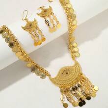 1 Set Middle Eastern Style Bridal Necklace & Earrings Set, Gold Hollow Coin Tassel Wedding Jewelry Accessories