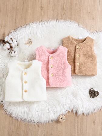 3pcs Baby Girls' Versatile Cute Light Color Lamb Wool Vest, Round Neck Sleeveless Jacket, Autumn/Winter