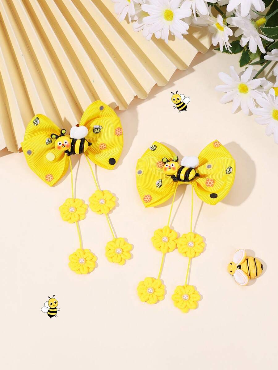 2 peças laços de cabelo com borlas de abelha fofos para meninas, laço de fita de gorgorão amarela com padrão de abelha, clipes de jacaré com borla de flor de pérola, adorável laço de abelha estampado, grampos de cabelo com borla de férias, presilhas de cabelo para adolescentes, acessórios de cabelo - Amarelo - Ver 1