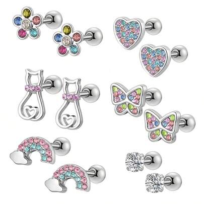 2/12pcs Hypoallergenic 316 Stainless Steel Screw Back Earrings For Women Girls,Cute Butterfly Heart Rainbow Cat Flower Cubic Zirconia Cartilage Tragus Helix Conch Accessories Jewelry Set Suitable For Daily Parties Wearing Give Gifts