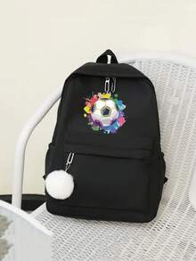 1 New Cute Versatile Simple Kawaii Football Print Plus Pom Pom Pendant Backpack, New For Spring And Summer, Suitable For Back To School Season. Nylon Material Double Zipper Lightweight Large Capacity Foldable Bag, Very Suitable For Teenagers To Go To School, Daily Travel, Shopping, Travel And Vacation, Etc. - Black - View 3