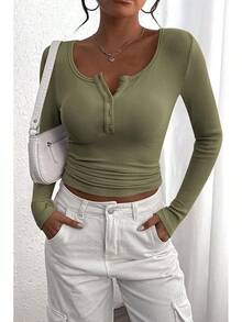 Women's 2026 Fall Long Sleeve Henley T Shirts Button Ribbed Knit Slim Fit Basic Tops Blouse Casual Outfits/Vacation Outfits Women/Valentine Outfits For Women - Xám Xanh Lá Cây - Xem 3