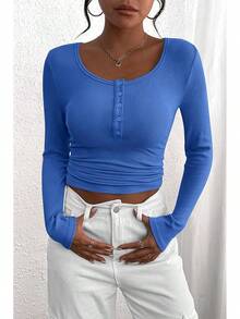 Women's 2026 Fall Long Sleeve Henley T Shirts Button Ribbed Knit Slim Fit Basic Tops Blouse Casual Outfits/Vacation Outfits Women/Valentine Outfits For Women - 寶藍色 - 查看 1