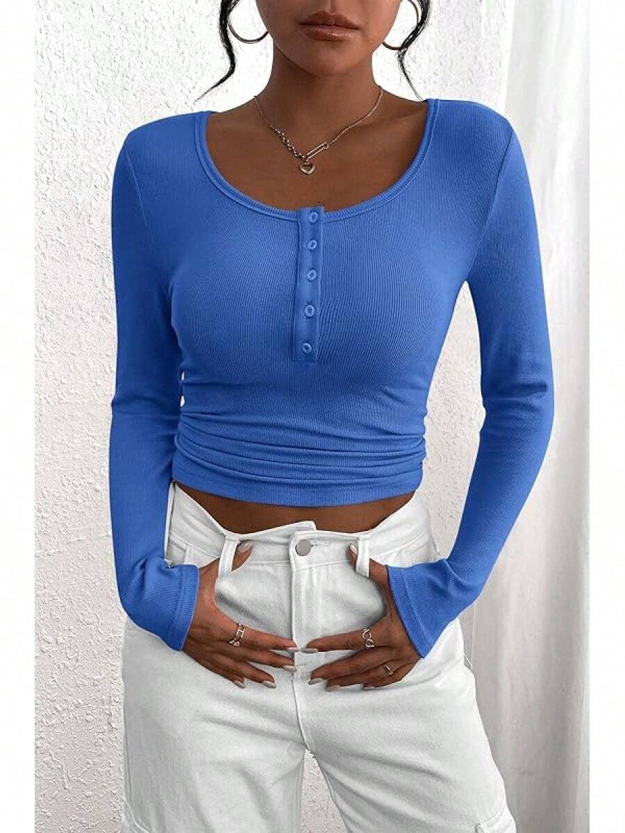Women's 2026 Fall Long Sleeve Henley T Shirts Button Ribbed Knit Slim Fit Basic Tops Blouse Casual Outfits/Vacation Outfits Women/Valentine Outfits For Women - 寶藍色 - 查看 1