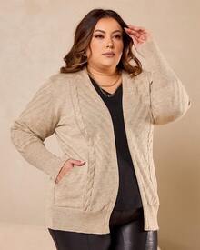 Braided Cardigan With Pocket Casual Plus Size - Sand - View 2