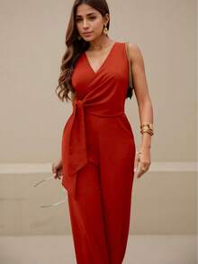 Long Wrap Jumpsuit With V-Neckline - Red - View 2