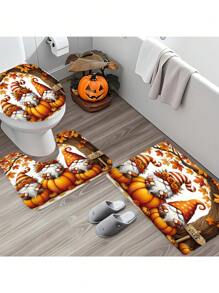 1/4 Pcs Thanksgiving Autumn Shower Curtain Set, Pumpkin & Maple Leaf Cute Harvest Burnt Orange Waterproof Polyester Washable Autumn Bathroom Shower Home Decor Gift With 12 Hooks Non-Slip Bath Mat U-Shaped Toilet Seat Cover