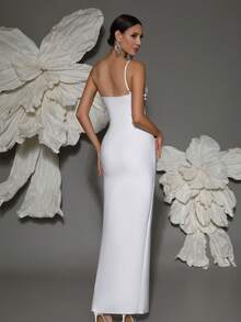 手工串珠单肩针织绷带紧身连衣裙，性感开衩优雅，适合家庭聚会、派对、正式场合 - 白色 - 查看 7
